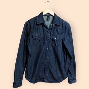 London Jean Cotton Denim Pearl Snap Button Down Shirt Dark Blue Western Women S